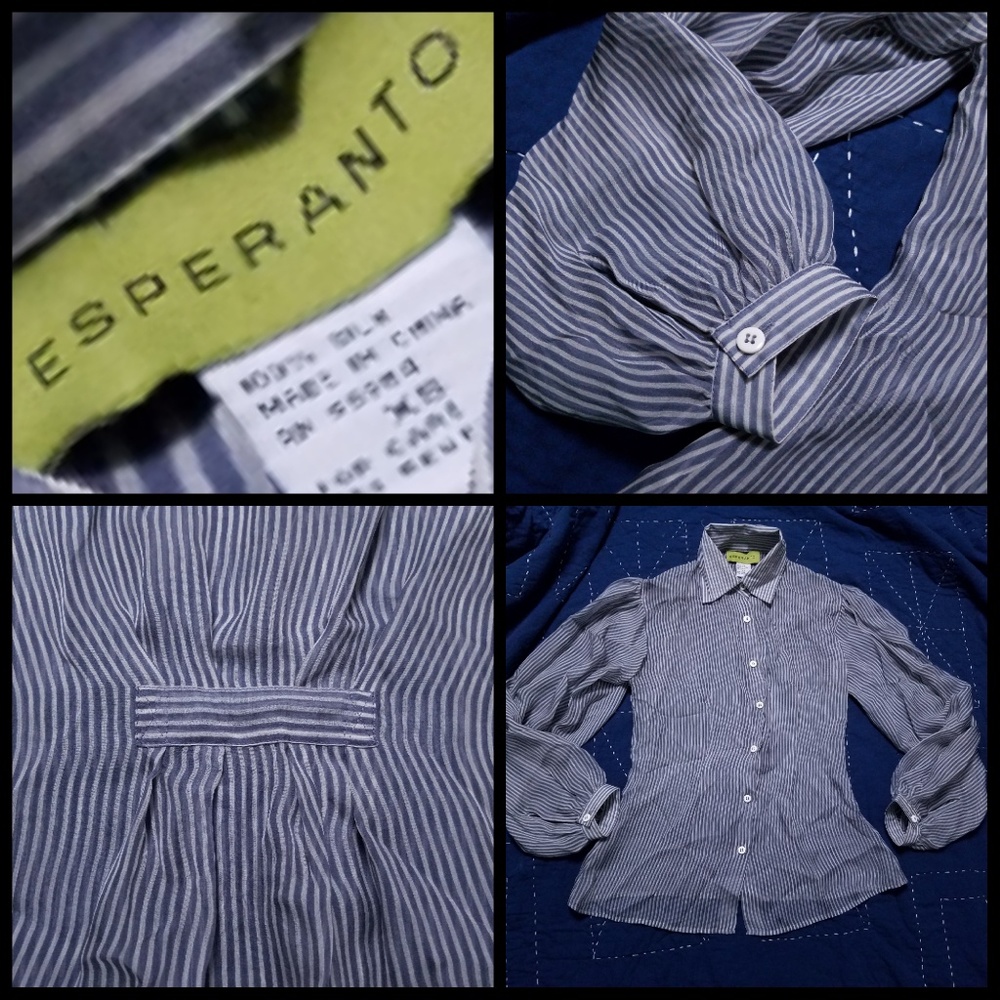100% silk grey button down blouse xs